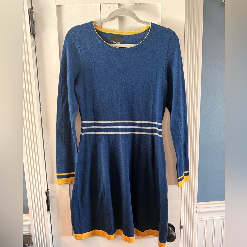 Cynthia Rowley 100% Merino Wool Navy Dress with Yellow Trim